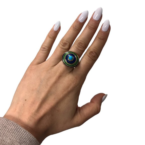 CELLINO 18KT Green and Blue Enamel Vintage Ring - Picture 11 of 11